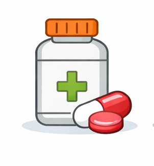 Illustrations of various products including a shopping bag, bottles, a bottle with a cross, pills, a spray bottle, a sponge, and a water bottle on a white background.

