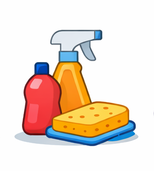 Illustrations of various products including a shopping bag, bottles, a bottle with a cross, pills, a spray bottle, a sponge, and a water bottle on a white background.

